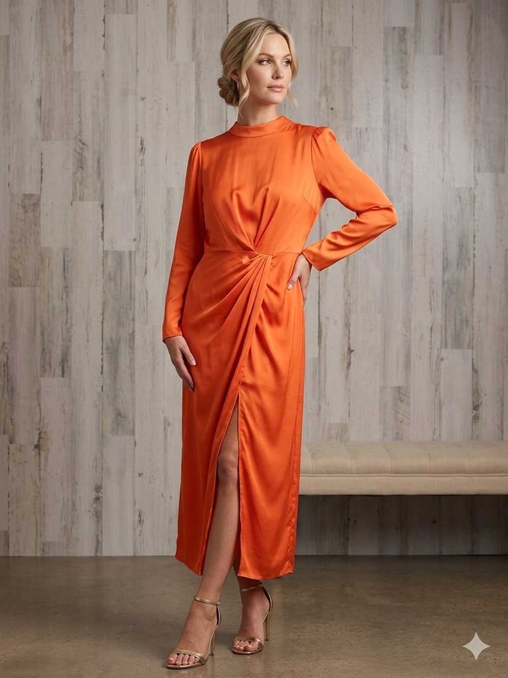 PRETTYGARDEN Orange Satin Mock Neck Ruched Midi Dress XXL